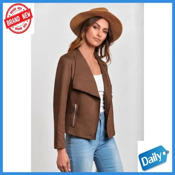 Faux Suede Cropped Jacket, Long Sleeve Open Front, Fall Winter Coat - Picture 3 of 7